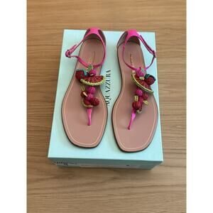 AQUAZZURA Strawberry Punch Raffia Flat Thong Sandals Pink EU 39 US 9 $875 NEW